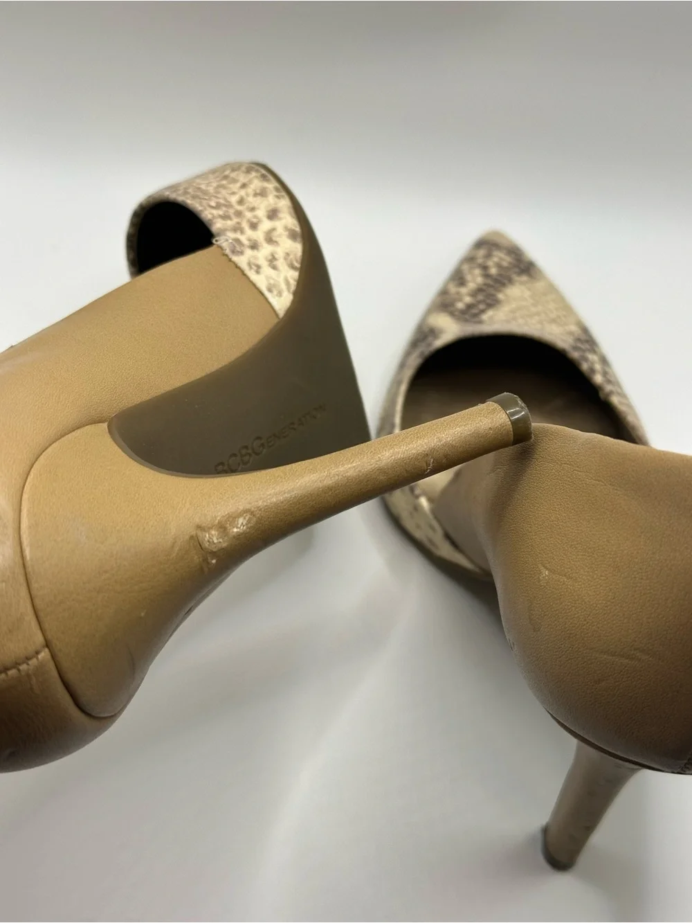 BCBGeneration Tan and Snake-Print Pointed Toe Pump